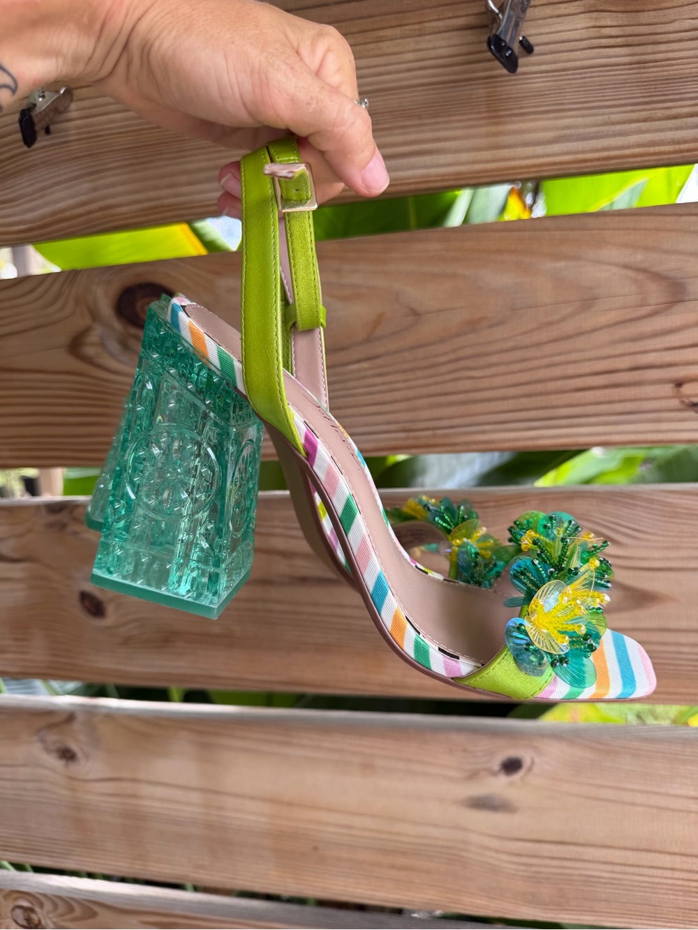 Betsey Johnson Lime Green Floral jeweled Block Heel Sandals